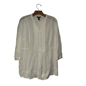 BIT AND BRIDLE Womens White Shirt Boho Tunic Lots‎ Of Detail Top - Sz Med
